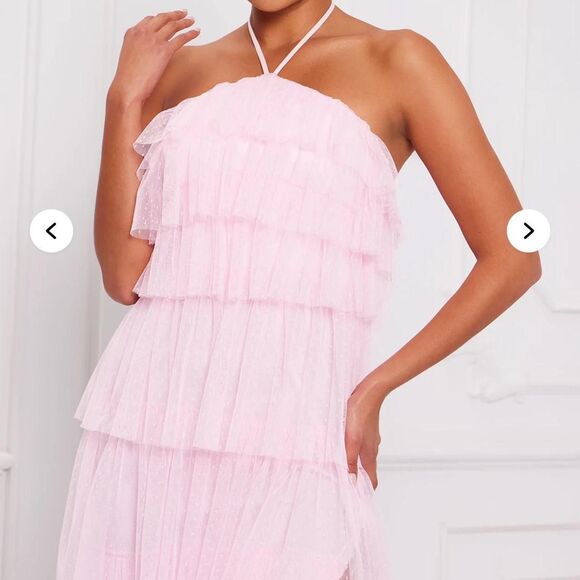 Fun & Flirty Pink tiered tool maxi dress with halter tie - Picture 2 of 6